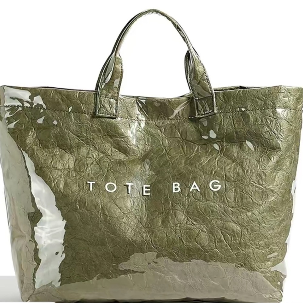 Tear Resistant Paper Tote Bag Large Olive Green Lightweight NWT